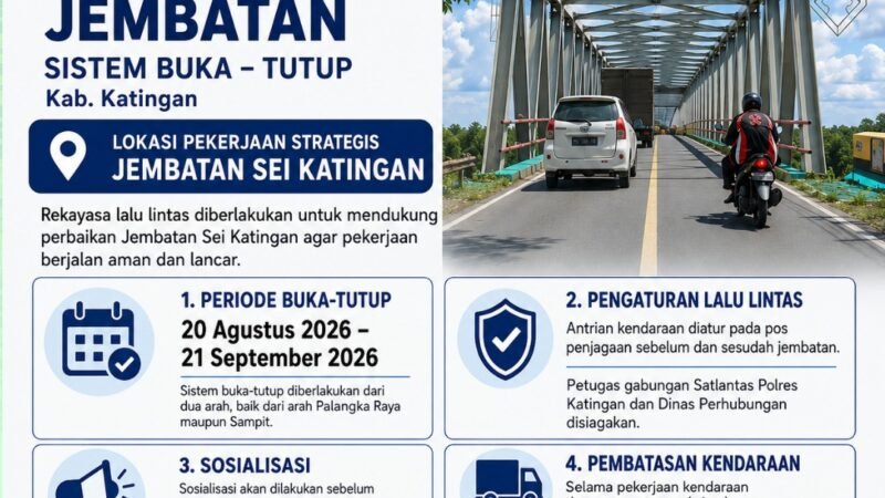 Jembatan Sei Katingan Diperbaiki, Lalu Lintas Diberlakukan Buka-Tutup Mulai 20 Agustus