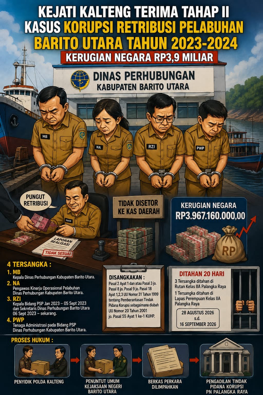 Retribusi Pelabuhan Diduga Diselewengkan, 4 Pejabat Dishub Barito Utara Diserahkan ke Jaksa  Kerugian Negara Hampir Rp4 Miliar, Empat Tersangka Kini Ditahan